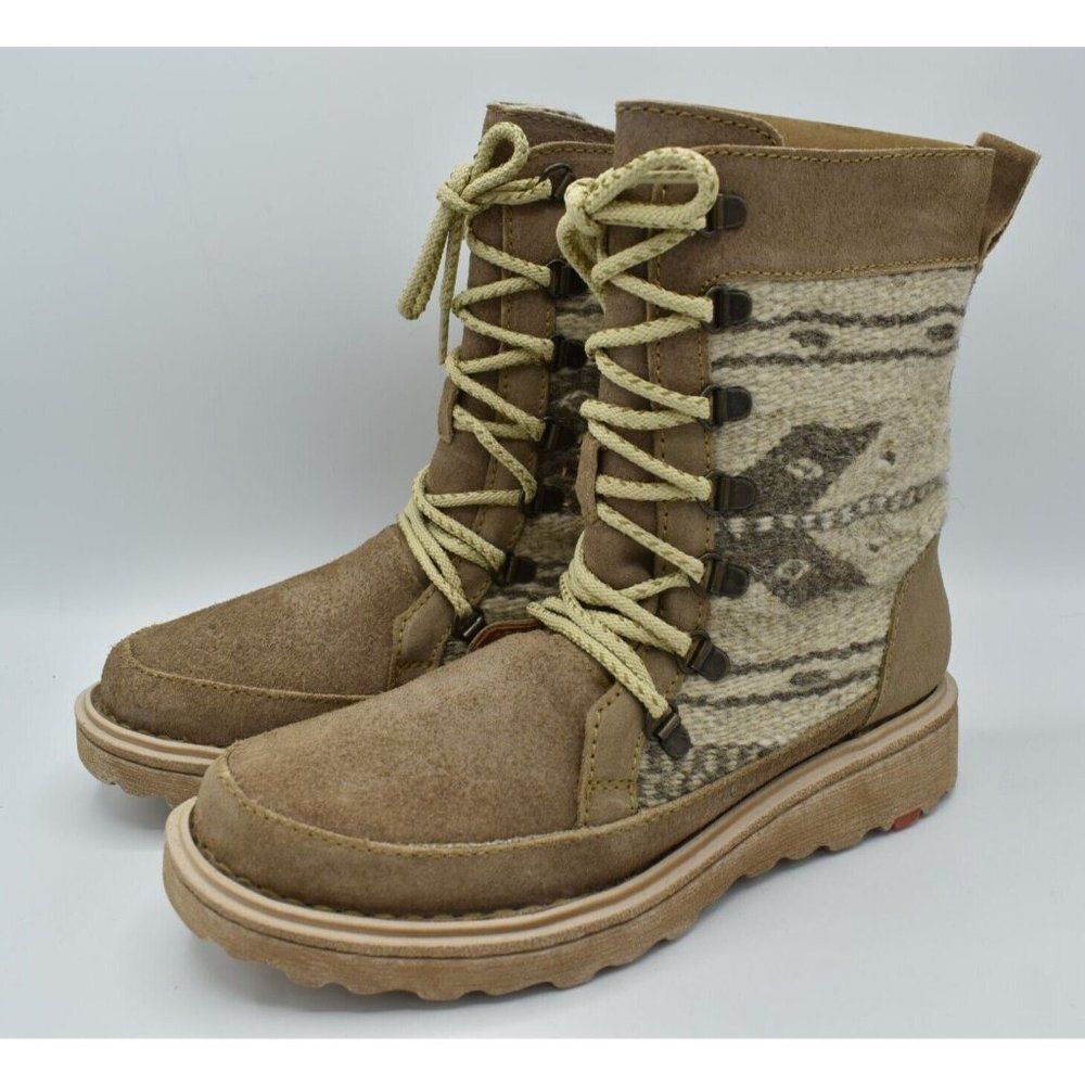 Born Womens Size 7.5 Oriana Taupe Fabric Combo Birch BOHO Leather Lace Up Boots
